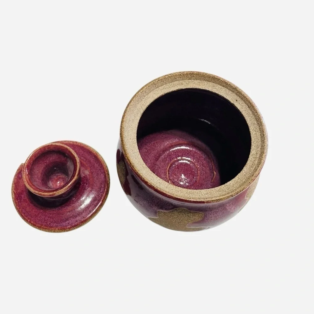 Handmade Stoneware Lidded Storage Jar Purple Pottery Signed by Jerry 4.5